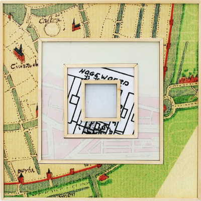 Hogewoerd 77, Leiden: zooming in on time and space by way of maps and plans of this address throughout the ages. Front of the compound panel.