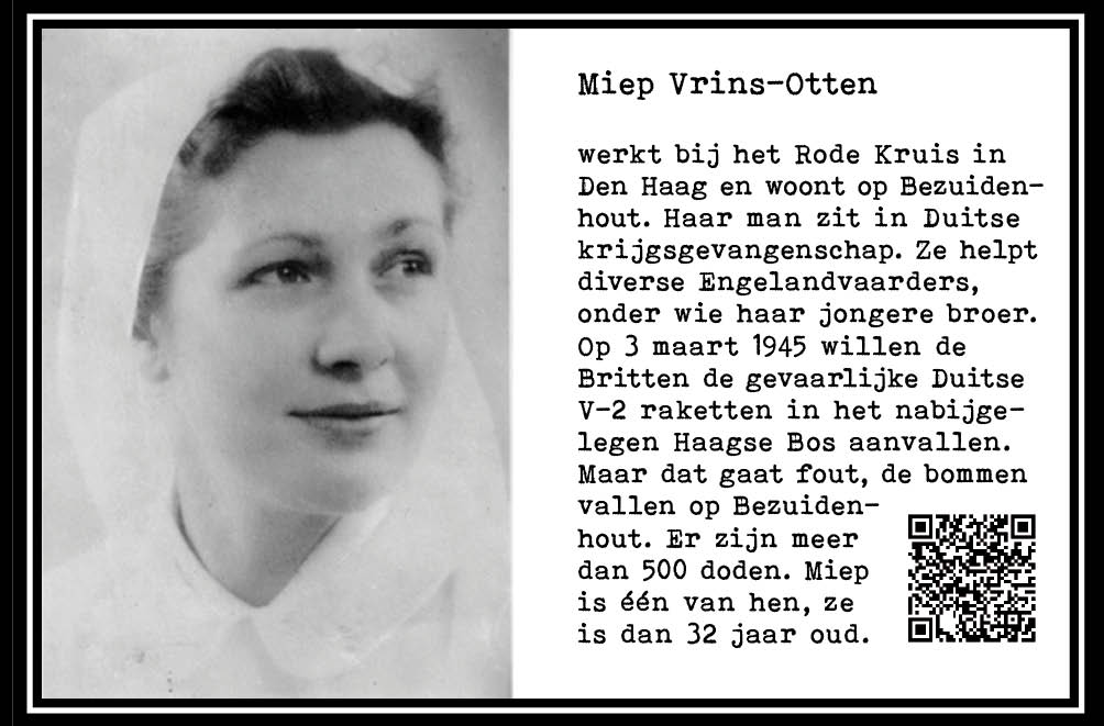 Miep Vrins-Otten, ondersteunt verzet. Slachtoffer bombardement Bezuidenhout Den Haag. 1945, 32 jr. wo-II. Onderdeel Toren van Babel, Kunstinstallatie ©Helena van Essen